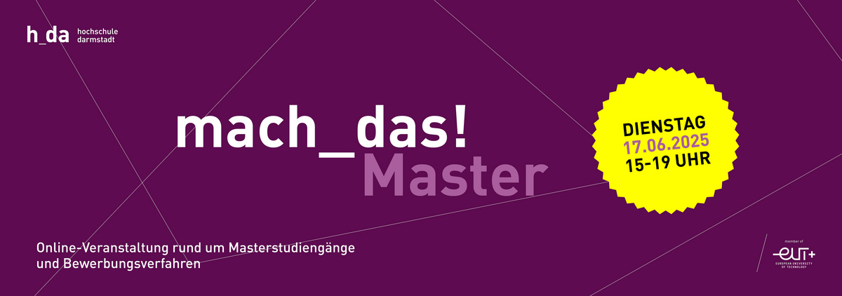 Lila Banner beschriftet mit "mach das! Master" in weißer Schrift